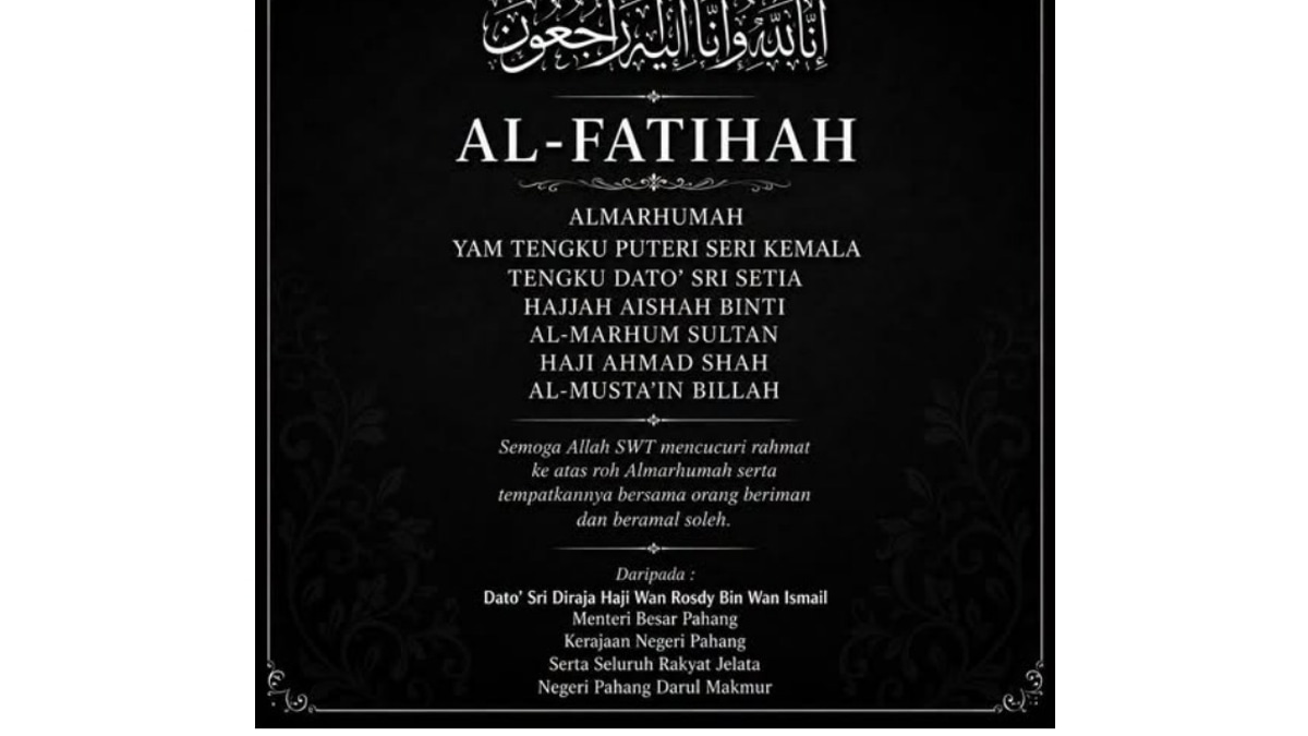 Pahang Menteri Besar Expresses Condolences Over Sultan's Sister's Death