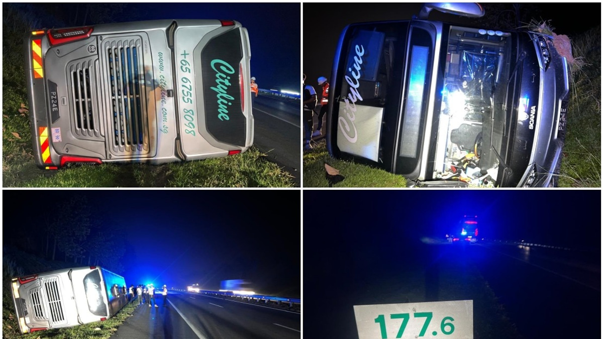 Tour Bus Overturns on North-South Expressway in Jasin; Three Injured